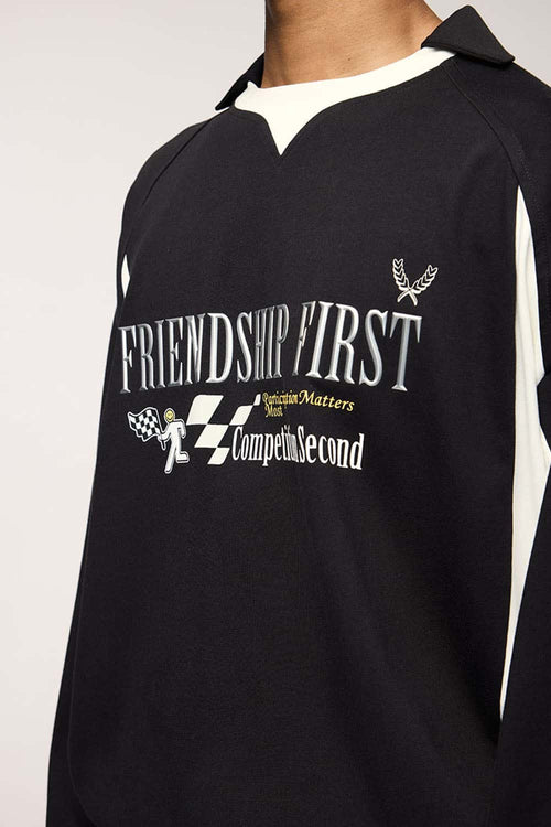 Layered-Collar Puff-Print Graphic Long-Sleeve T-Shirt in Black - product detail close-up