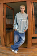 Layered-Collar Puff-Print Graphic Long-Sleeve T-Shirt in Flower Gray - full-length front modeled view