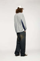 Layered-Collar Puff-Print Graphic Long-Sleeve T-Shirt in Flower Gray - three-quarter front modeled view
