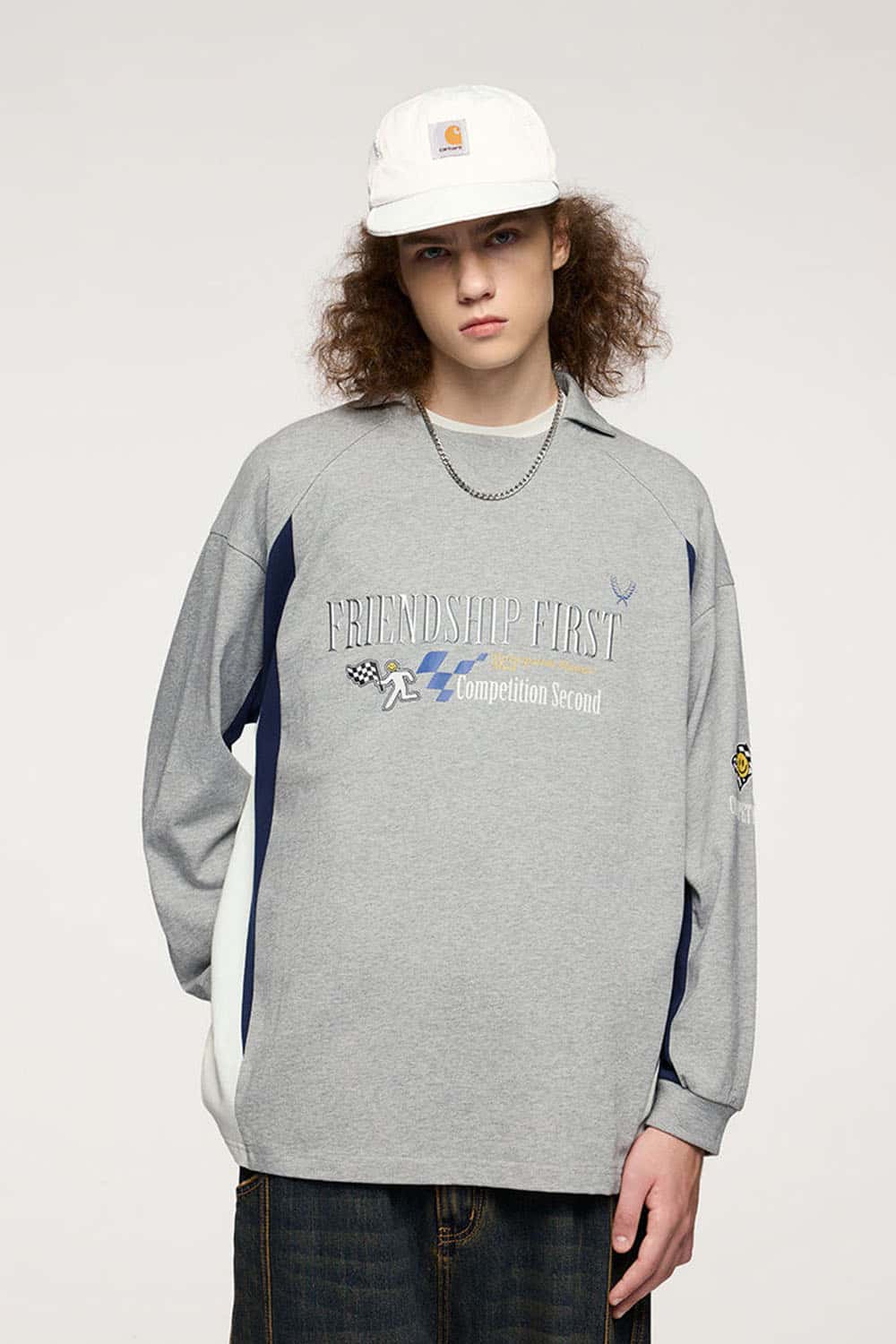 Layered-Collar Puff-Print Graphic Long-Sleeve T-Shirt in Flower Gray - full-length front modeled view