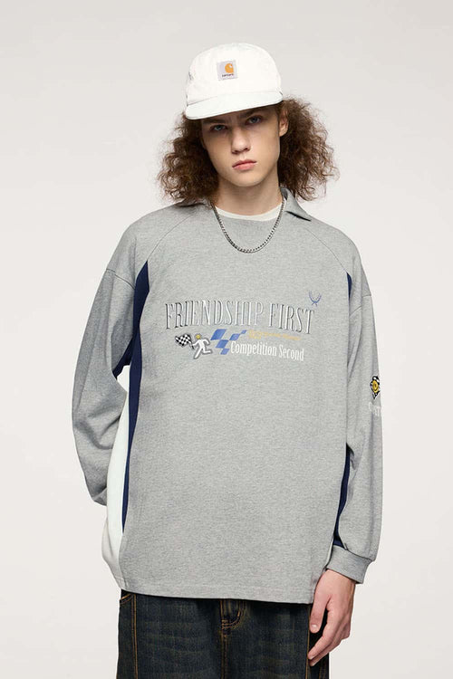Layered-Collar Puff-Print Graphic Long-Sleeve T-Shirt in Flower Gray - full-length front modeled view