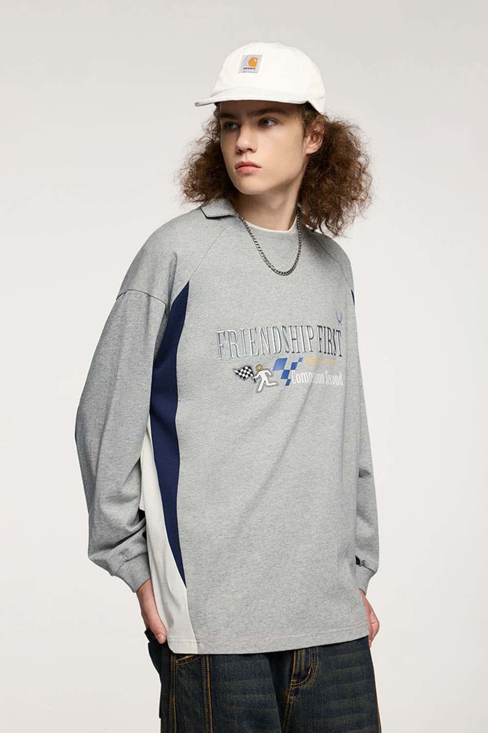 Layered-Collar Puff-Print Graphic Long-Sleeve T-Shirt in Flower Gray - front modeled view