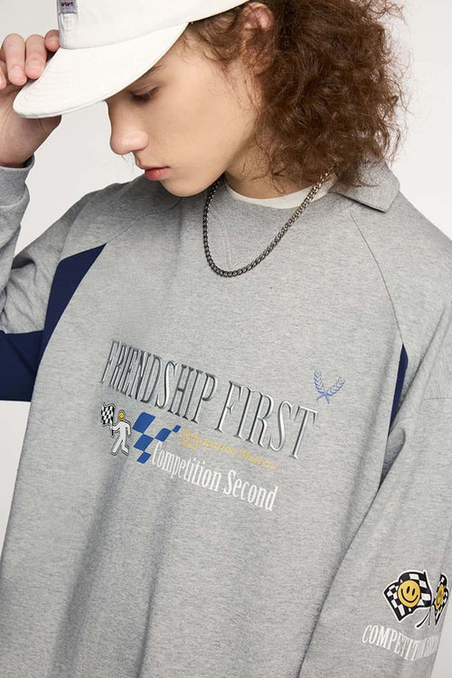 Layered-Collar Puff-Print Graphic Long-Sleeve T-Shirt in Flower Gray - full-length front modeled view