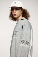 Layered-Collar Puff-Print Graphic Long-Sleeve T-Shirt in Flower Gray - three-quarter front modeled view