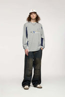 Layered-Collar Puff-Print Graphic Long-Sleeve T-Shirt in Flower Gray - product detail close-up