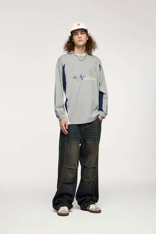 Layered-Collar Puff-Print Graphic Long-Sleeve T-Shirt in Flower Gray - product detail close-up