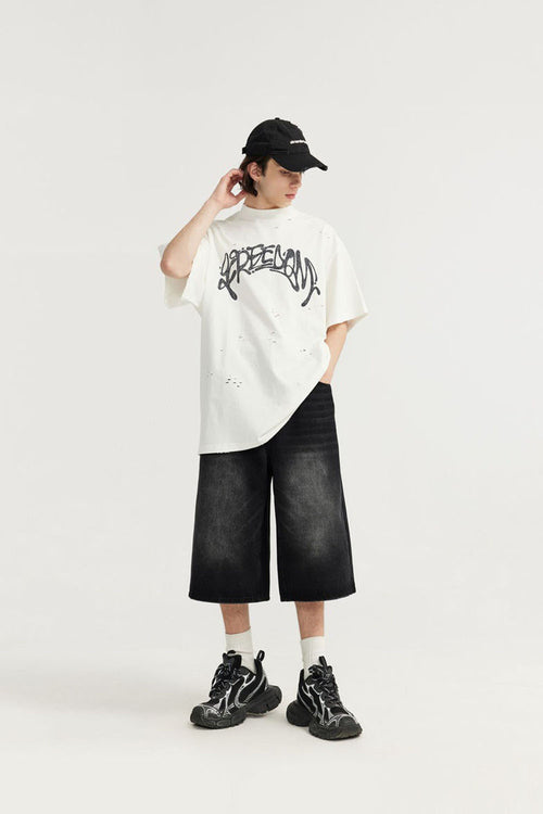 Vintage Washed Wide-Leg Cropped Denim - Charcoal Gray