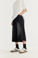 Vintage Washed Wide-Leg Cropped Denim - Charcoal Gray