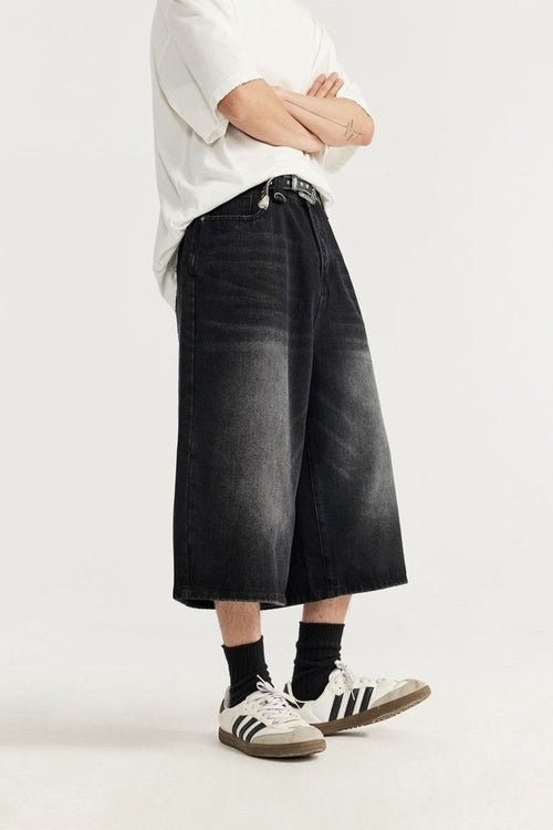 Vintage Washed Wide-Leg Cropped Denim - Charcoal Gray