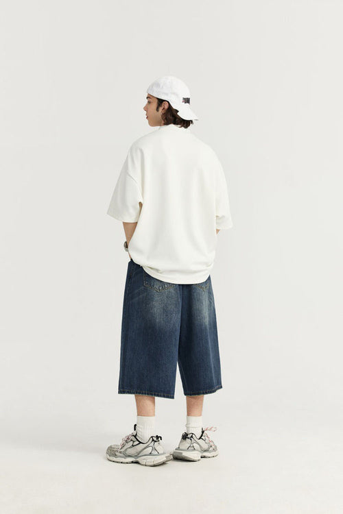 Vintage Washed Wide-Leg Cropped Denim - Denim Blue
