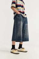 Vintage Washed Wide-Leg Cropped Denim - Denim Blue