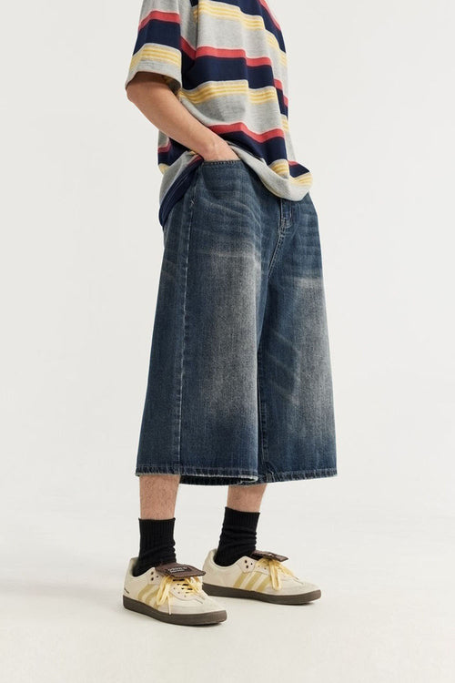 Vintage Washed Wide-Leg Cropped Denim - Denim Blue