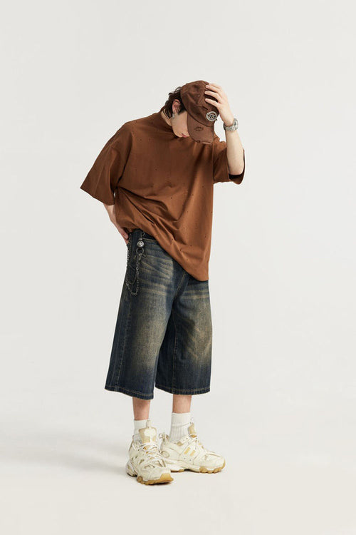 Vintage Washed Wide-Leg Cropped Denim - Brown