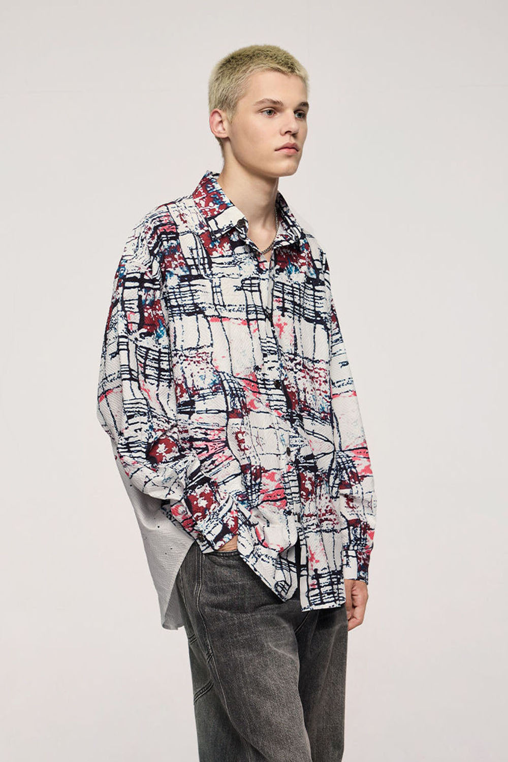 Men's Loose-Fit Long Sleeve Shirt with Irregular Rainbow Grid Pattern