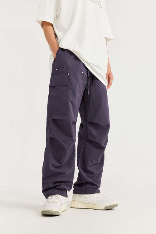 Breathable Multi-Pocket Straight-Leg Utility Pants in Purple - front modeled view