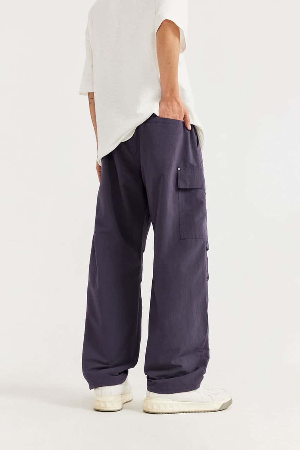 Breathable Multi-Pocket Straight-Leg Utility Pants in Purple - full-length back modeled view