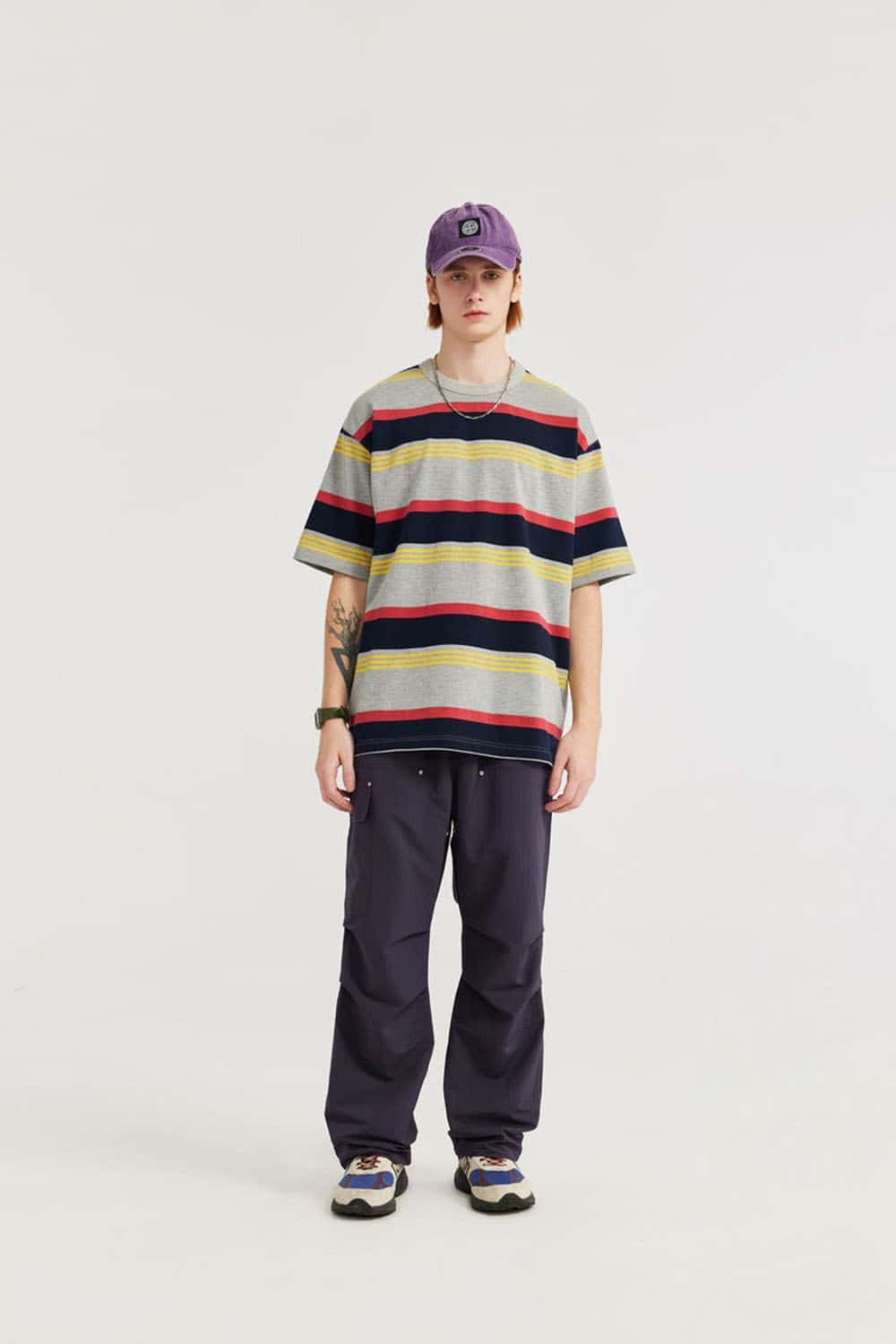 Breathable Multi-Pocket Straight-Leg Utility Pants in Purple - full-length front modeled view