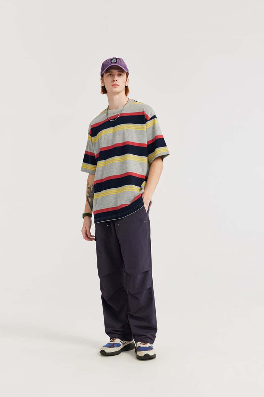 Breathable Multi-Pocket Straight-Leg Utility Pants in Purple - full-length front modeled view
