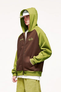 Embroidered Contrast Raglan Zip Hoodie - Coffee