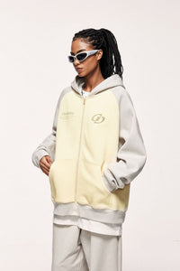 Embroidered Contrast Raglan Zip Hoodie - Apricot