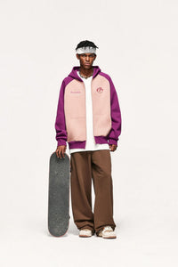 Embroidered Contrast Raglan Zip Hoodie - Pale Pink