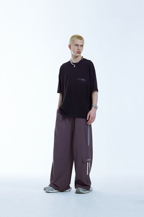 Tailored Wide-Leg Striped Trousers - Purple