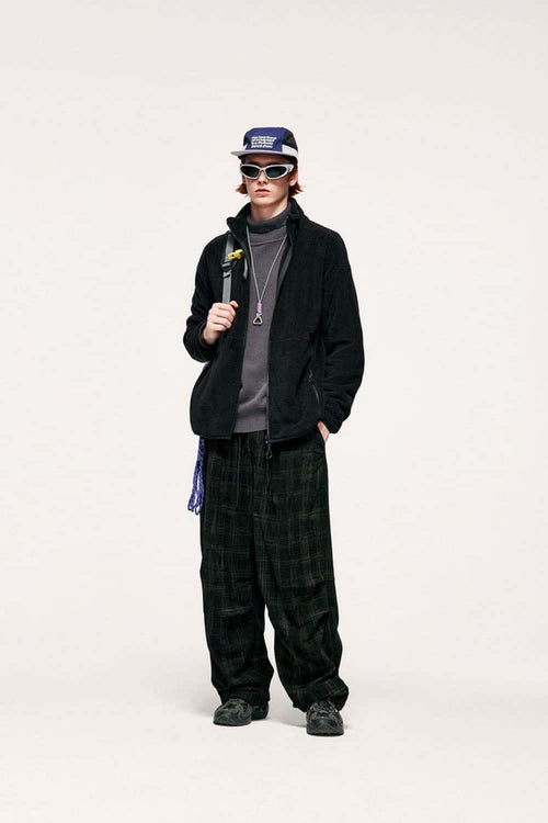 Windproof Brushed Polyester Fleece Stand-Collar Zip Jacket in Black - full-length front modeled view