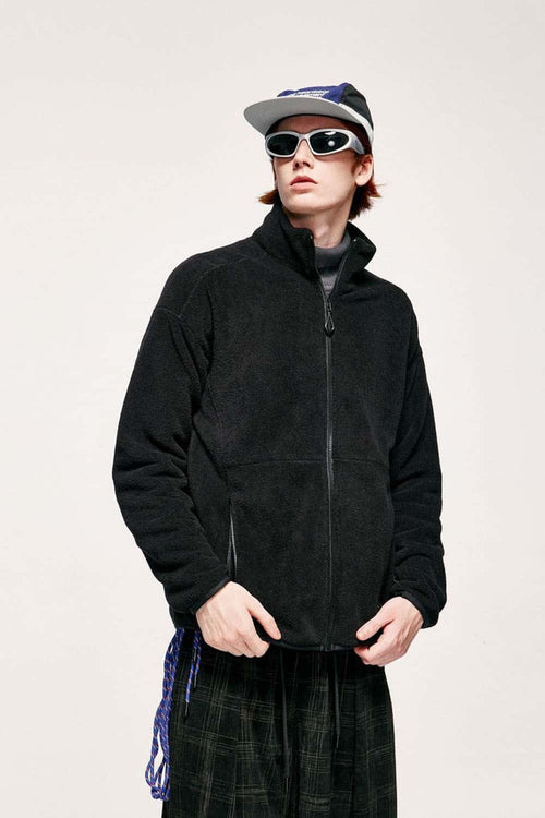 Windproof Brushed Polyester Fleece Stand-Collar Zip Jacket in Black - front modeled view