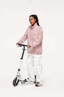 Windproof Brushed Polyester Fleece Stand-Collar Zip Jacket in Pale Pink - full-length front modeled view