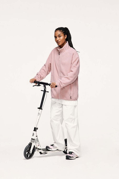Windproof Brushed Polyester Fleece Stand-Collar Zip Jacket in Pale Pink - full-length front modeled view