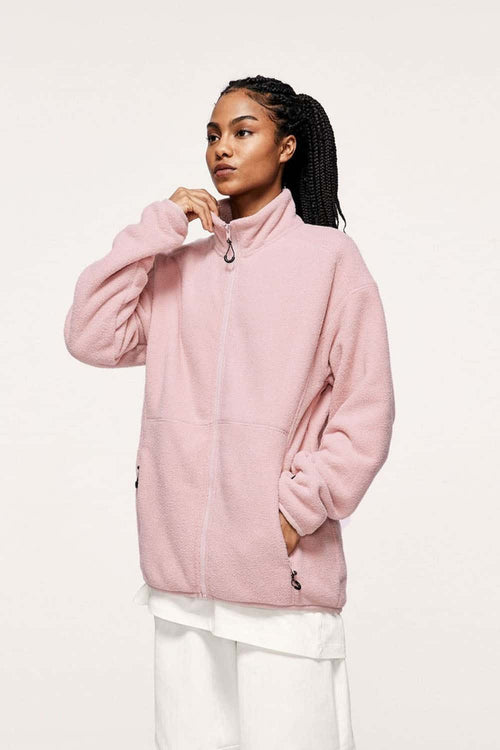Windproof Brushed Polyester Fleece Stand-Collar Zip Jacket in Pale Pink - front modeled view