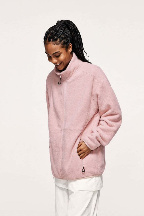 Windproof Brushed Polyester Fleece Stand-Collar Zip Jacket in Pale Pink - front modeled view