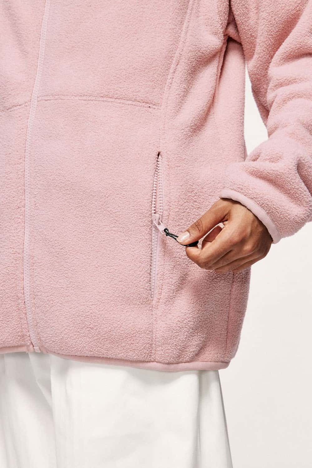 Windproof Brushed Polyester Fleece Stand-Collar Zip Jacket in Pale Pink - pocket detail
