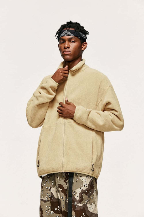 Windproof Brushed Polyester Fleece Stand-Collar Zip Jacket in Yellow - front modeled view