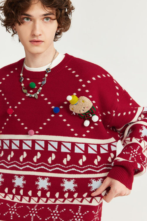 Plush Graphic Pullover Sweater - Red