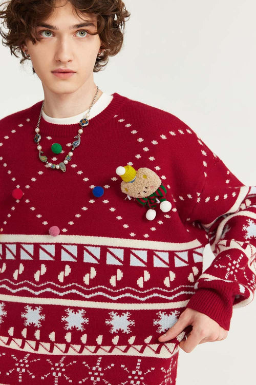 Plush Graphic Pullover Sweater - Red