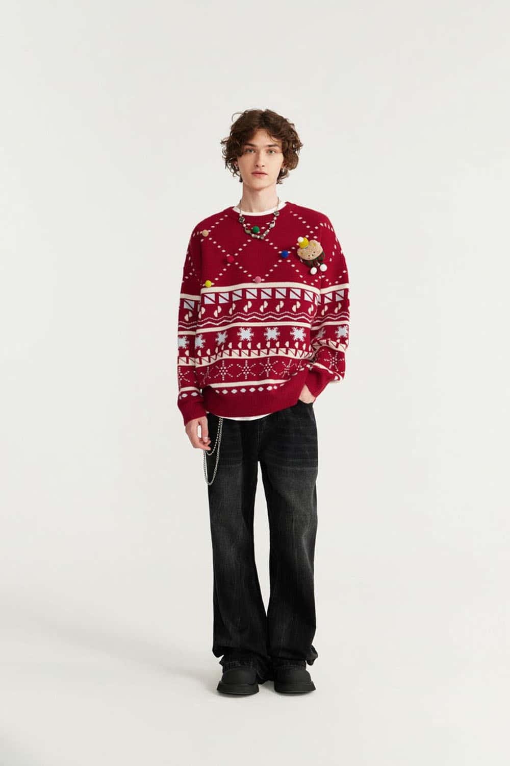 Plush Graphic Pullover Sweater - Red