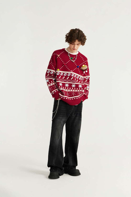 Plush Graphic Pullover Sweater - Red