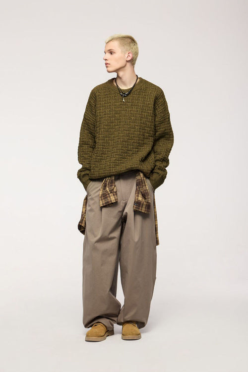 Marled Waffle Knit Crewneck Sweater - Camel