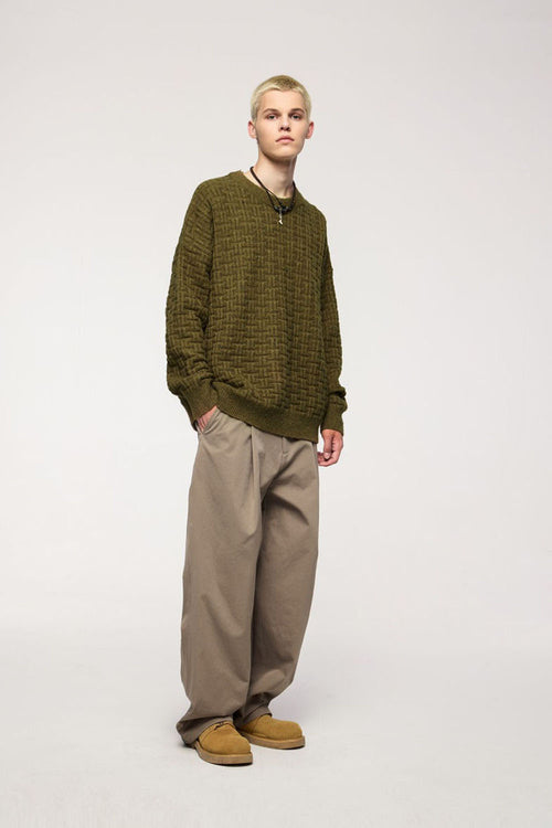 Marled Waffle Knit Crewneck Sweater - Camel