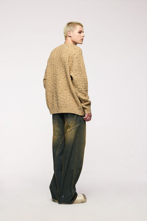 Marled Waffle Knit Crewneck Sweater - Milk Tea