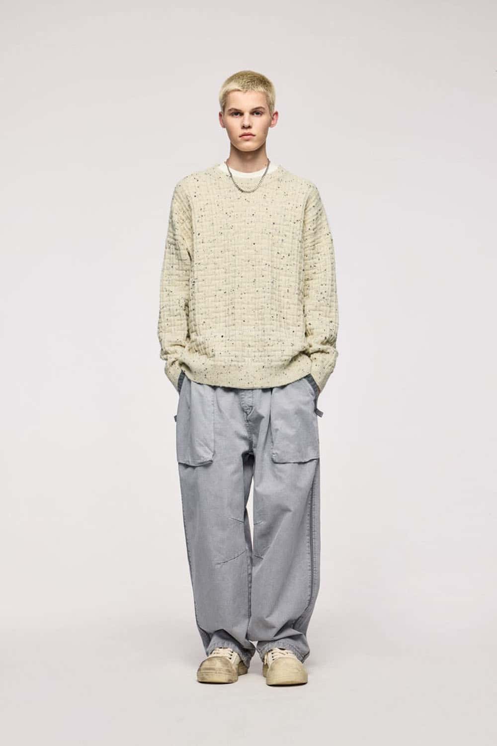 Abrasion-Resistant Flecked Geometric-Knit Crewneck Sweater in Apricot - full-length front modeled view