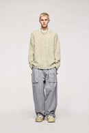 Abrasion-Resistant Flecked Geometric-Knit Crewneck Sweater in Apricot - full-length front modeled view