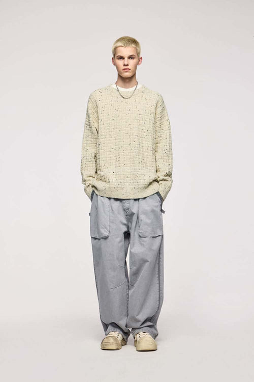 Abrasion-Resistant Flecked Geometric-Knit Crewneck Sweater in Apricot - full-length front modeled view