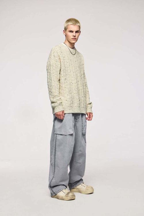 Abrasion-Resistant Flecked Geometric-Knit Crewneck Sweater in Apricot - full-length front modeled view