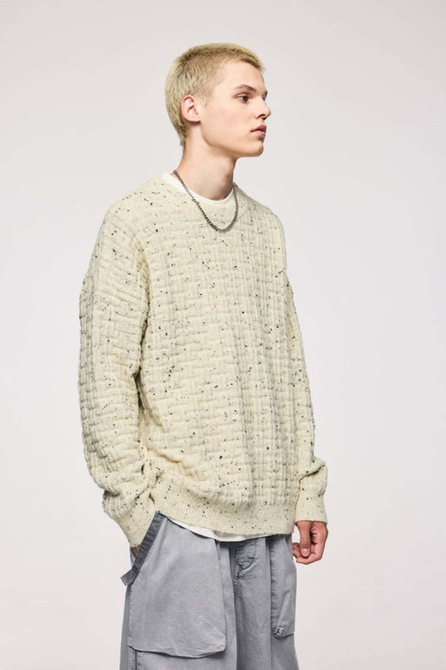 Abrasion-Resistant Flecked Geometric-Knit Crewneck Sweater in Apricot - three-quarter front modeled view