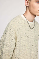 Abrasion-Resistant Flecked Geometric-Knit Crewneck Sweater in Apricot - product detail close-up