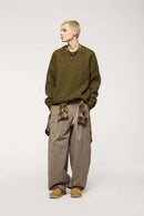 Abrasion-Resistant Flecked Geometric-Knit Crewneck Sweater in Camel - full-length front modeled view