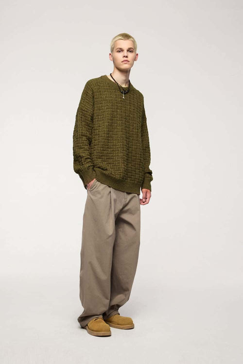 Abrasion-Resistant Flecked Geometric-Knit Crewneck Sweater in Camel - full-length front modeled view