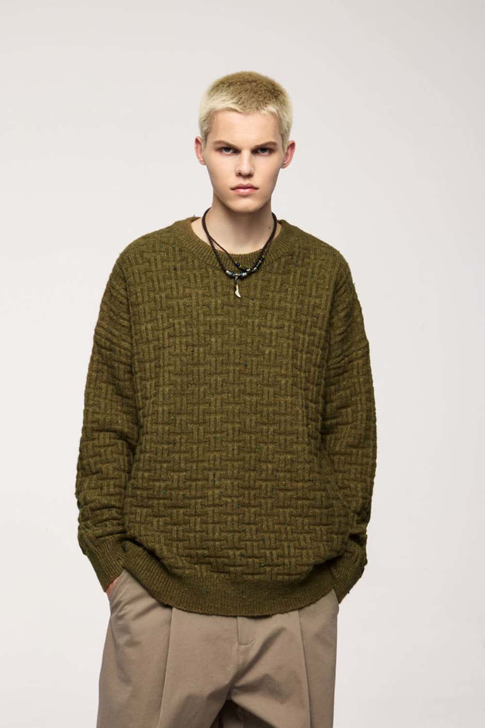 Abrasion-Resistant Flecked Geometric-Knit Crewneck Sweater in Camel - front modeled view